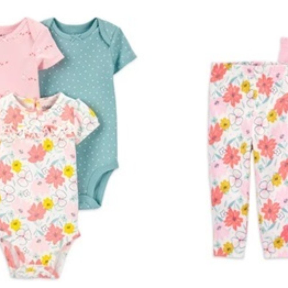 Carter's Child of Mine Baby Girl Short Sleeve Bodysuits,  pants & headband Set